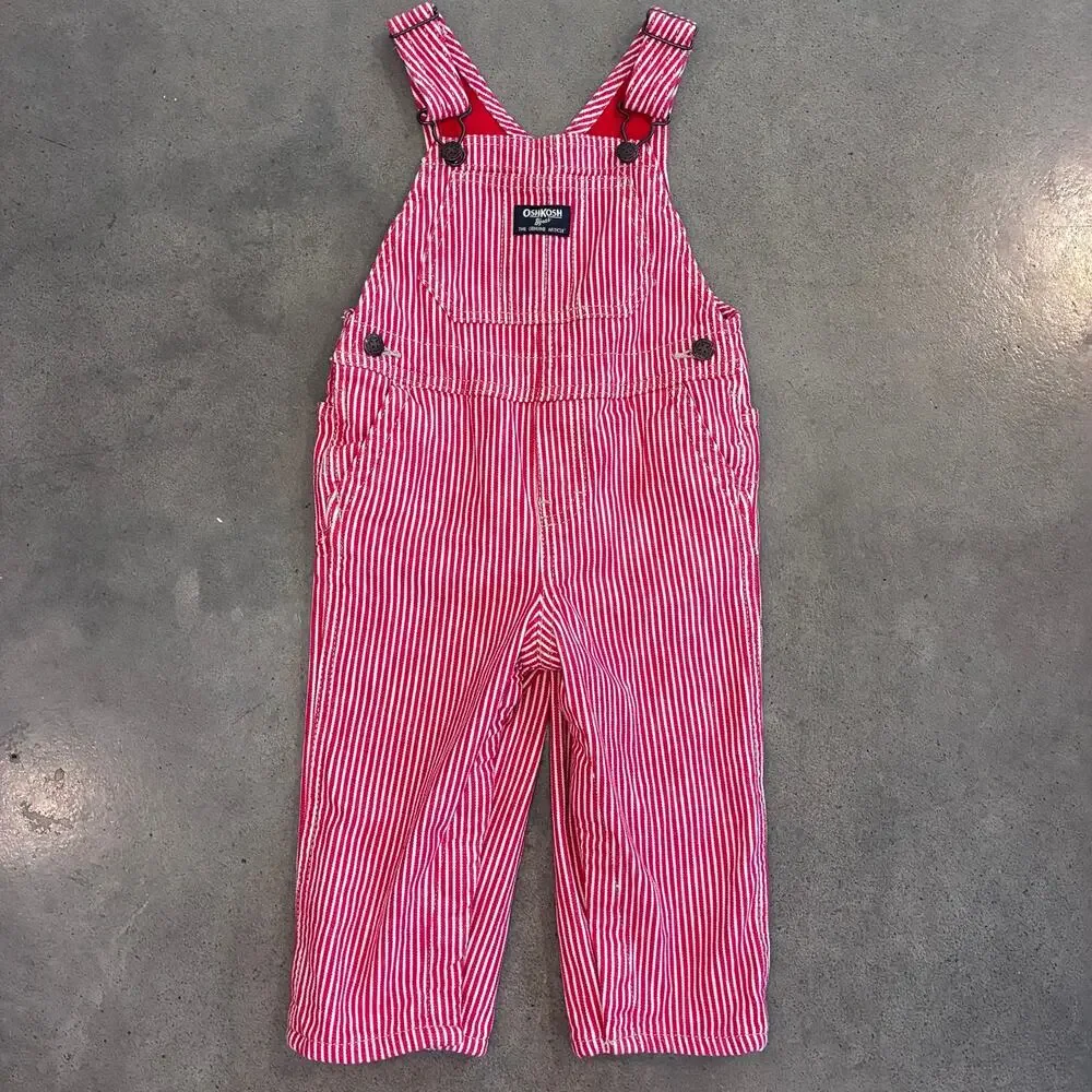 Osh Kosh Hickory red white stripe denim overalls Christmas infant boys 24 months